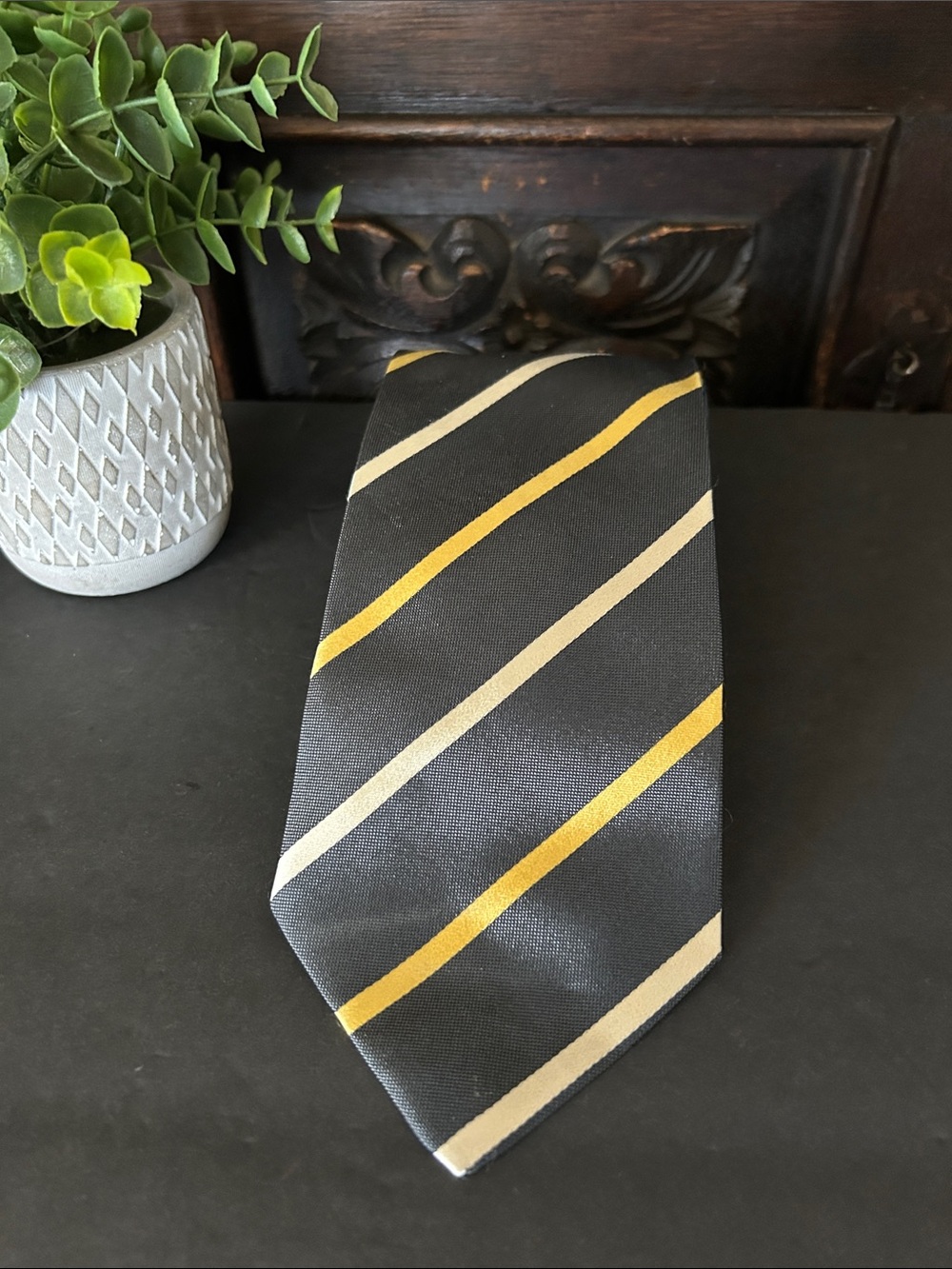 Ermenegildo Zegna Black Tie with Yellow and Cream Stripes